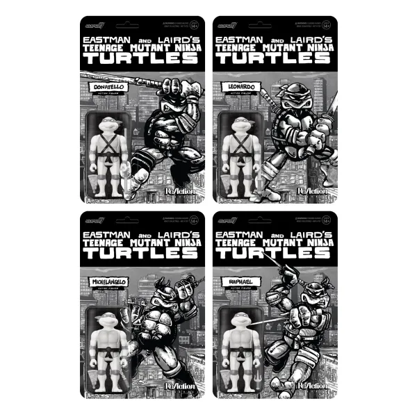 Super7 Teenage Mutant Ninja Turtles^Teenage Mutant Ninja Turtles Reaction Figure Wave 9 - Donatello, Leonardo, Michelangelo & Raphael (Comic Greyscale)